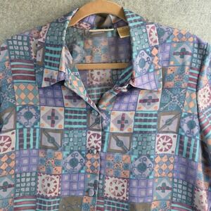 Christie & Jill Blouse Women 16 Multicolor Geometric Patchwork Vintage Button Up